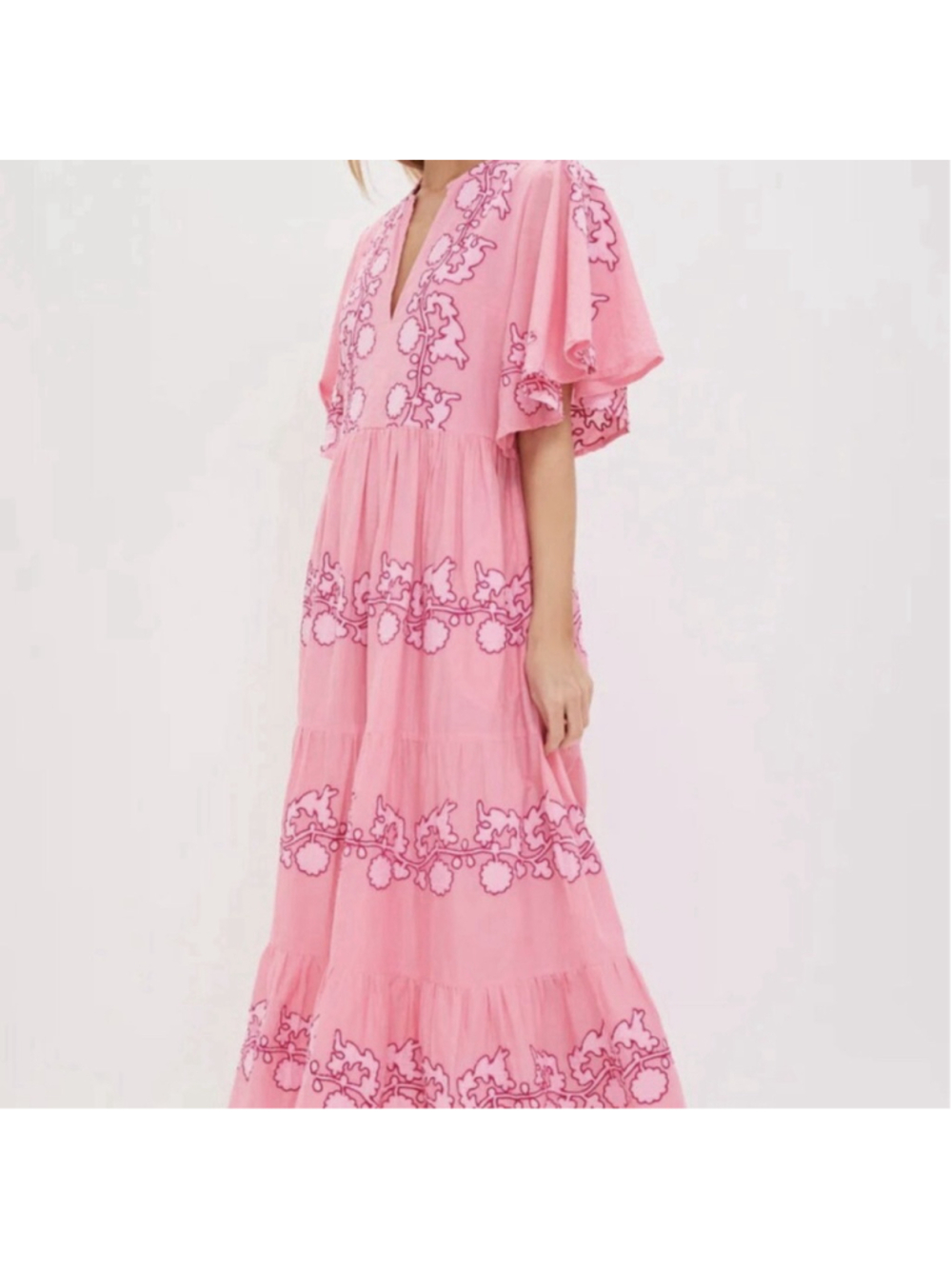 Oliphant Flirty V Neck Maxi Tiered Dress Tangier Pink Flutter Sleeve Embroidery - Picture 4 of 13